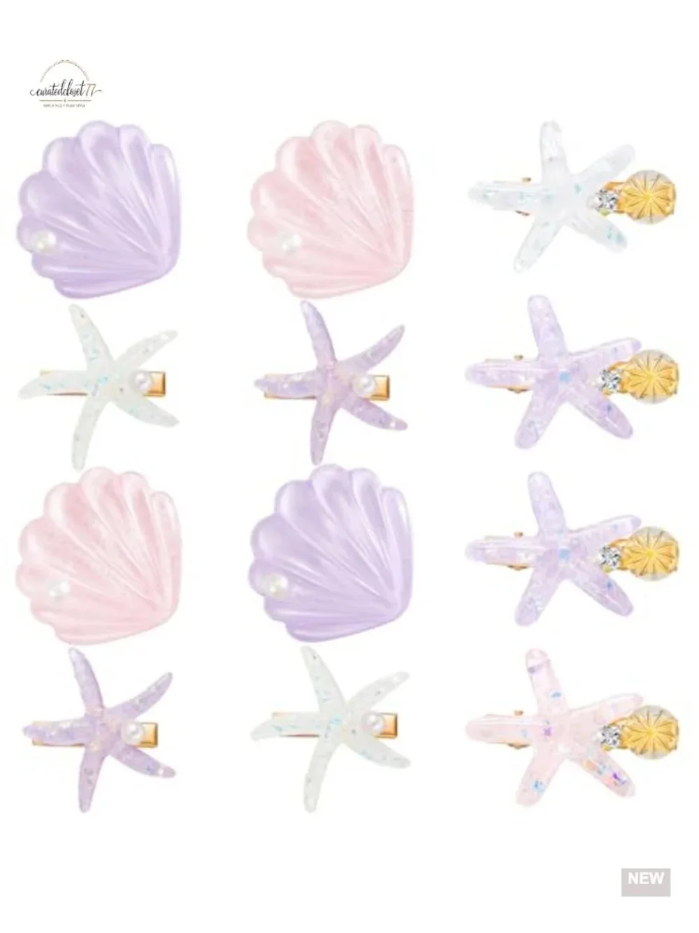 12-Piece Seashell Pearl Hair Clip Set Acrylic Resin Metal